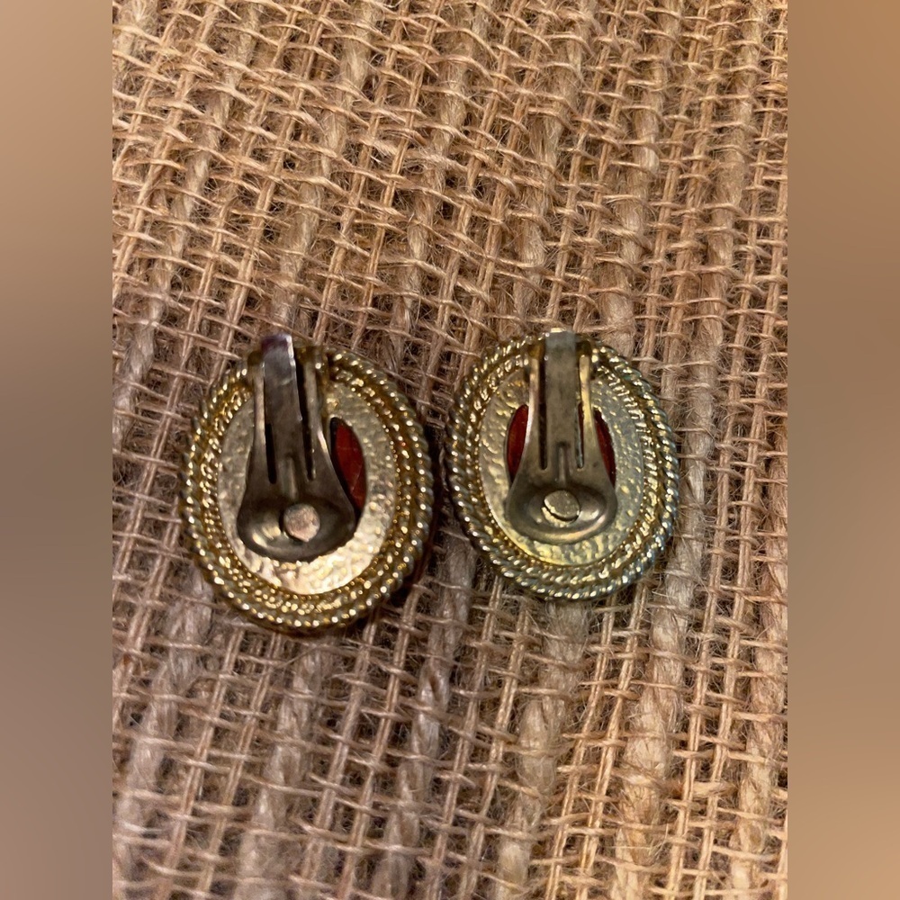 Rust Orange Stone Gold Tone Clip-On Statement Earrings - Picture 2 of 3